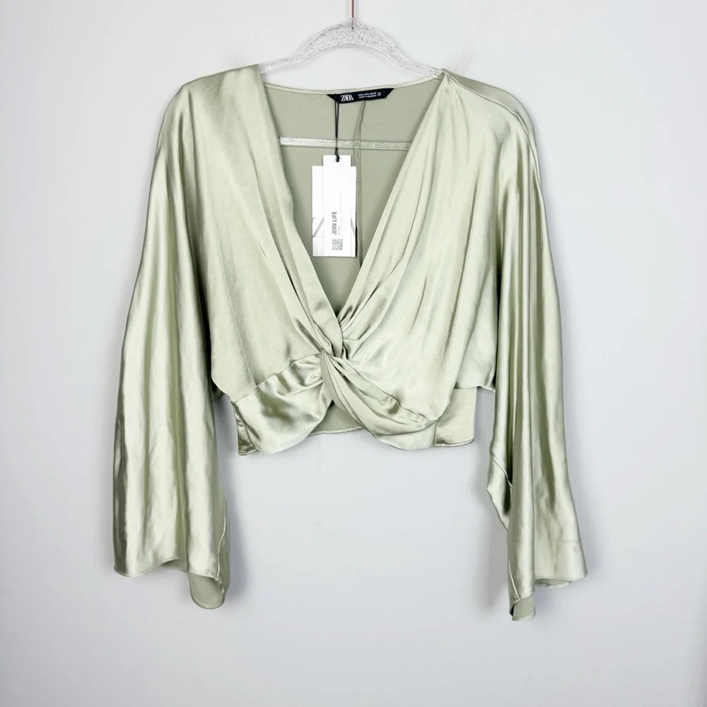 ZARA | NEW Sage Green Twist Front Cropped Bell Sleeve Top Women’s Size Large - Picture 3 of 12